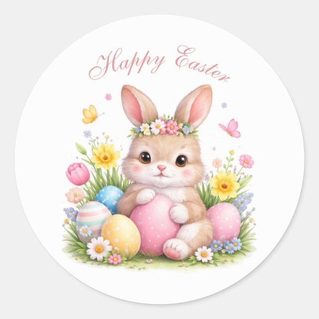 Sticker Rond Cute Easter Bunny Rabbit Pink Blush Peony (Devant)