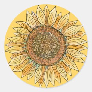 Sticker Rond Cute Elegant Boho Farmhouse Yellow Sunflower Art
