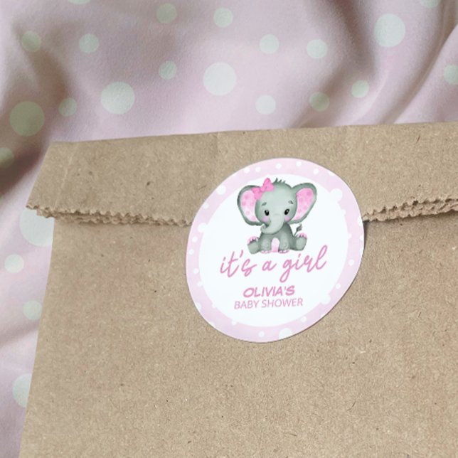 Sticker Rond Cute Elephant rose C'est un Baby shower de fille (Créateur téléchargé)