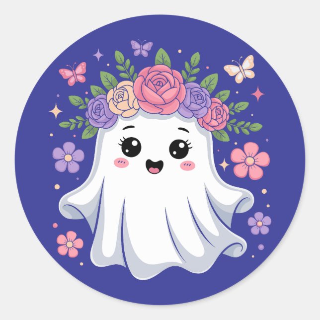 Sticker Rond Cute Fantôme Floral Kawaii Fantôme Halloween Kawai (Devant)