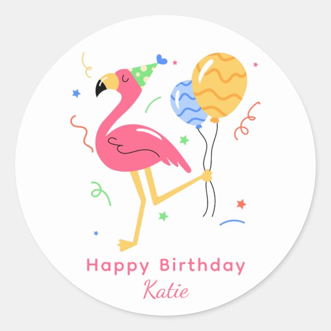 Sticker Rond Cute Flamingo Modern Happy Birthday Script (Devant)