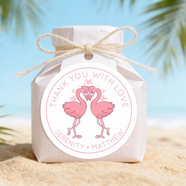 Sticker Rond Cute Flamingos Tropical Beach Wedding Thank You (Créateur téléchargé)