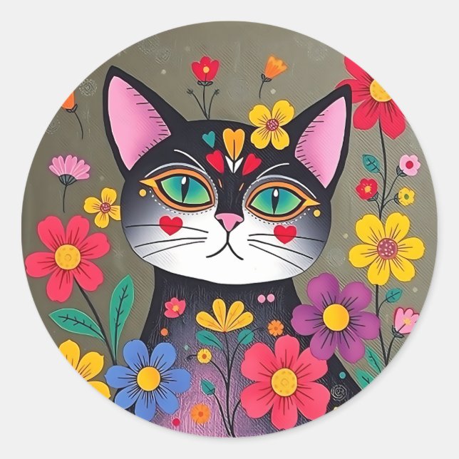 Sticker Rond Cute Folk Art Chat noir et fleurs (Devant)