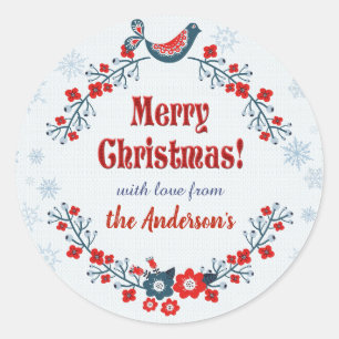 Sticker Rond Cute Folk Art Joyeux Noël Wreath
