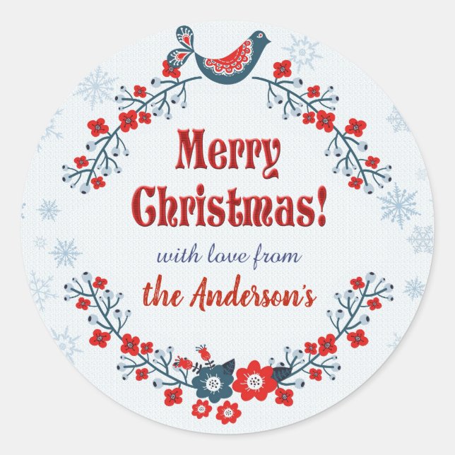 Sticker Rond Cute Folk Art Joyeux Noël Wreath (Devant)