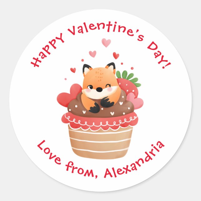 Sticker Rond Cute Fox dans Cupcake Custom Kids Saint-Valentin (Devant)