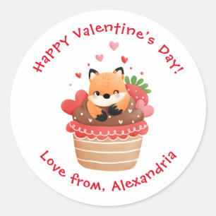 Sticker Rond Cute Fox dans Cupcake Custom Kids Saint-Valentin