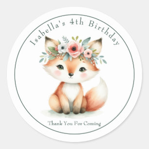 Sticker Rond Cute Fox Woodland "Merci" Anniversaire Favoriser