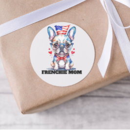 Sticker Rond Cute French Bulldog American Flag with Hearts