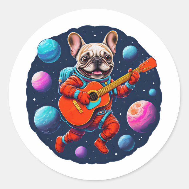 Sticker Rond Cute French Bulldog Astronaut Playing Guitar – Fun (Devant)