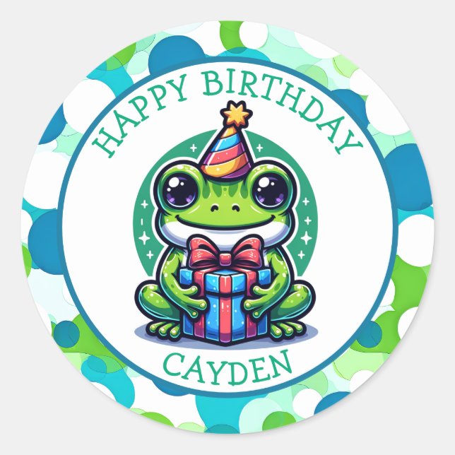 Sticker Rond Cute Frog Theme Boy's Birthday Party (Devant)