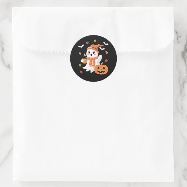 Sticker Rond Cute Ghost Boire Café de glace Halloween (Sac)