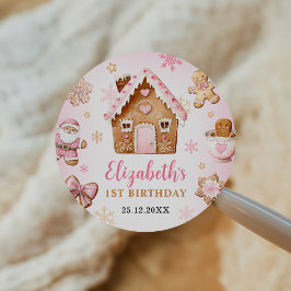 Sticker Rond Cute Gingerbread House Girl Birthday Party