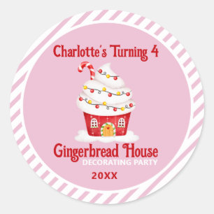Sticker Rond Cute Gingerbread Maison Sucre de canne rose Annive