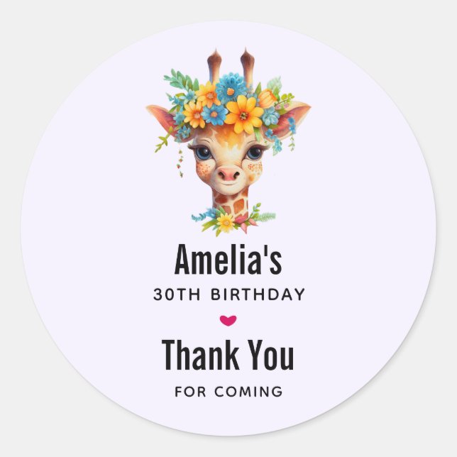 Sticker Rond Cute Giraffe avec Merci Floral de la Couronne (Devant)