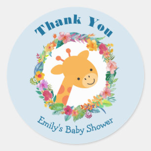 Sticker Rond Cute Giraffe avec un Baby shower de couronne fleur