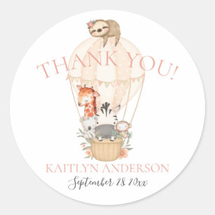 Sticker Rond Cute Giraffe Zebra Hot Air Balloon Merci
