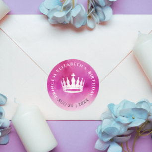 Sticker Rond Cute Girly Princess Couronne rose Aquarelle blanch