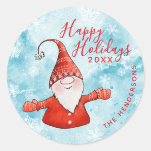 Sticker Rond Cute Gnome Elégant Bleu Rouge Joyeux Vacances