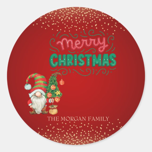 Sticker Rond Cute Gnome Pine Tree Confetti Rouge Joyeux Noël (Devant)