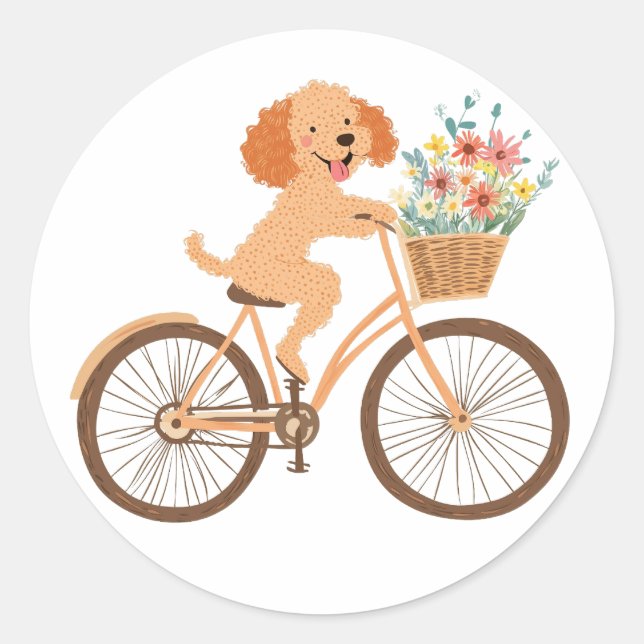 Sticker Rond Cute Goldendoodle Chien Vélo Fleurs de printemps (Devant)