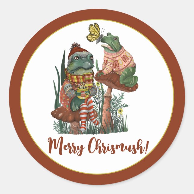 Sticker Rond Cute Grenouille et crapaud Joyeux Champignons Clas (Devant)