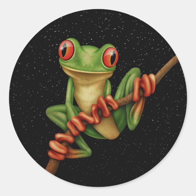 Sticker Rond Cute Grenouille verte sur une branche avec étoiles (Devant)