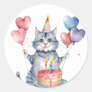 Sticker Rond Cute Grey Chat gâteau d'anniversaire - Anniversair