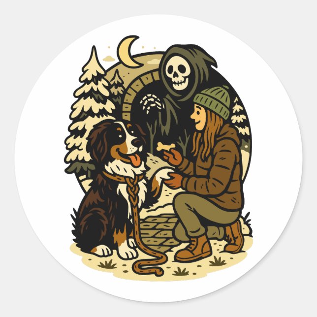 Sticker Rond Cute Grim Reaper Girl and Dog Spooky Forest Night (Devant)