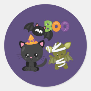 Sticker Rond Cute Halloween Chat, chauve-souris et maman Boo