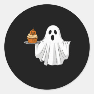 Sticker Rond Cute Halloween Ghost Holding Citrouille Cupcake Po