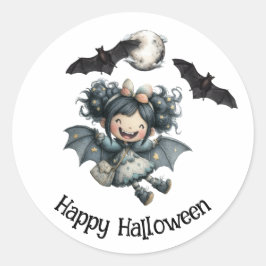 Sticker Rond Cute Halloween Vampire fille avec chauves-souris,