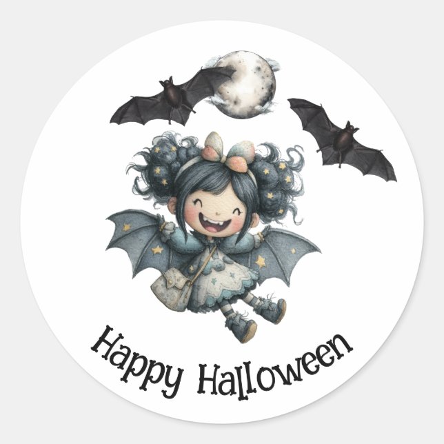 Sticker Rond Cute Halloween Vampire fille avec chauves-souris,  (Devant)