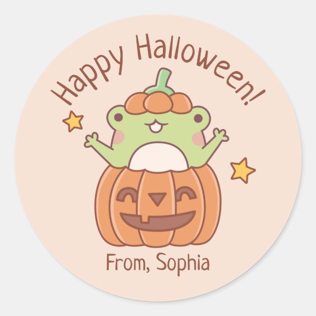 Sticker Rond Cute Happy Halloween grenouille en Citrouille scul (Devant)