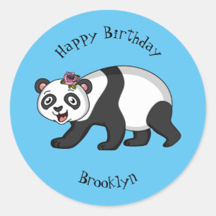 Sticker Rond Cute happy panda bear with flower cartoon