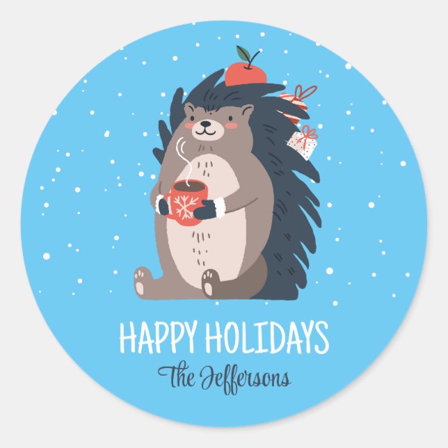 Sticker Rond Cute Hérisson Neige hiver Vacances Noël Animal (Devant)