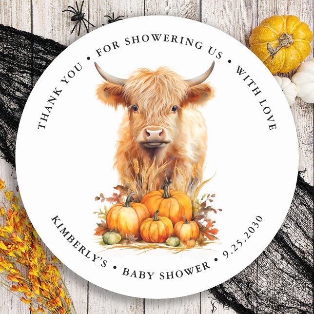 Sticker Rond Cute Highland Cow Automne Citrouille Baby shower (Créateur téléchargé)