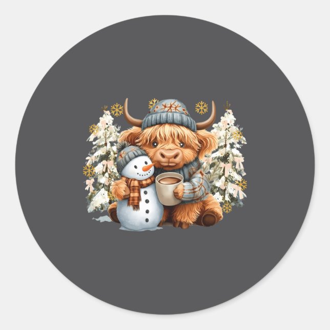 Sticker Rond Cute Highland Cow With Snowman Hot Cocoa Christmas (Devant)