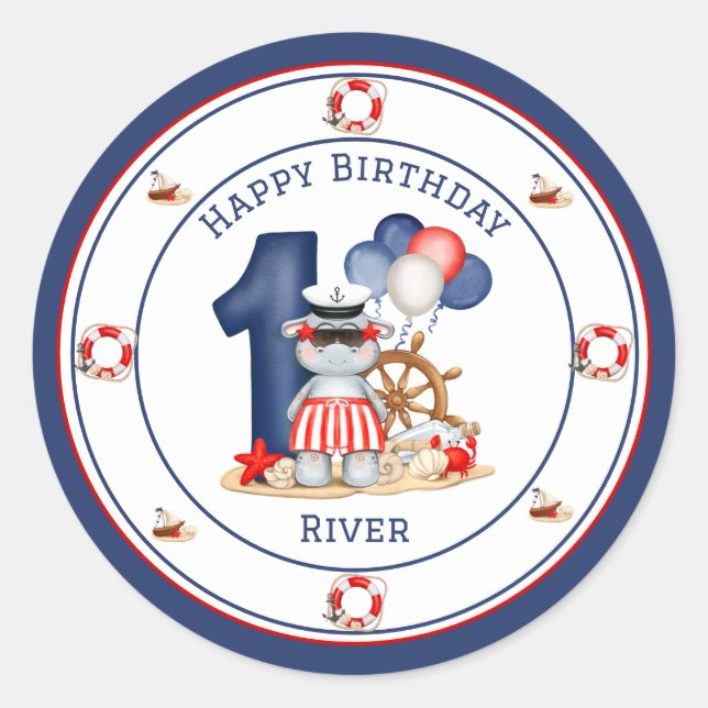 Sticker Rond Cute Hippo Nautique 1er anniversaire garçon (Devant)