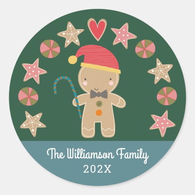 Sticker Rond Cute Holiday Gingerbread Boy Cookie Green Monogram (Devant)