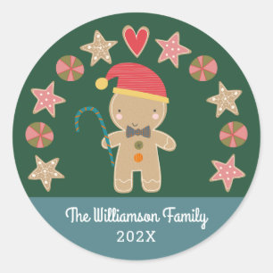 Sticker Rond Cute Holiday Gingerbread Boy Cookie Green Monogram