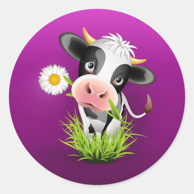Sticker Rond Cute Holstein cow in grass over purple (Devant)