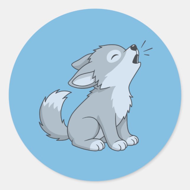 Sticker Rond Cute Howling Wolf Pup on Blue (Devant)