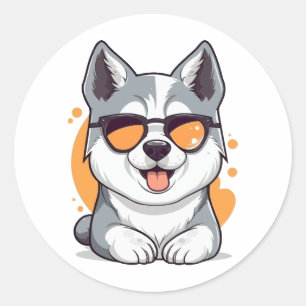 Sticker Rond Cute Husky Portant Des Lunettes De Soleil