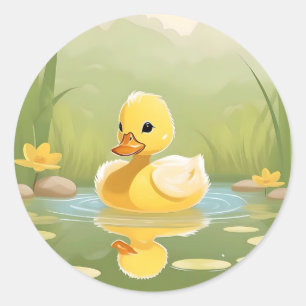 Sticker Rond Cute Jaune canard sur une journée tranquille