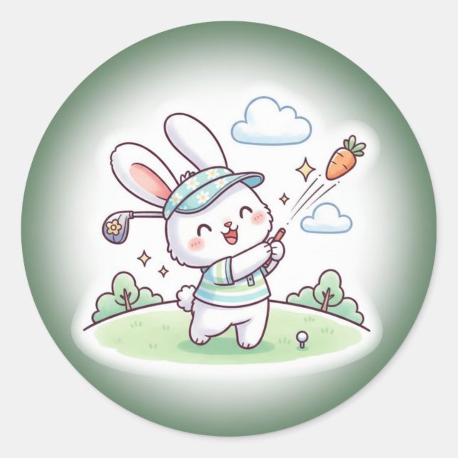 Sticker Rond Cute Kawai Bunny Golfer Sport (Devant)