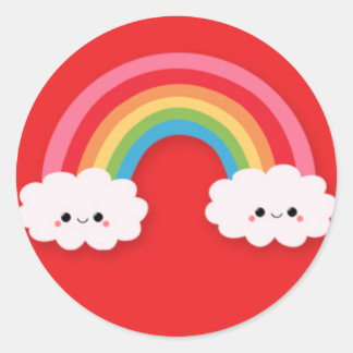 Sticker Rond Cute Kawaii arc-en-ciel et nuages sur rouge