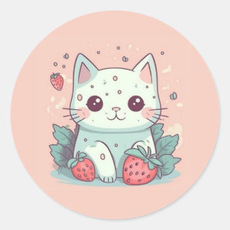 Sticker Rond Cute kawaii chat avec fraises