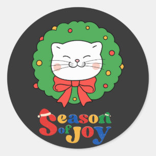 Sticker Rond Cute Kawaii Chat Noël Wreath Saison de joie