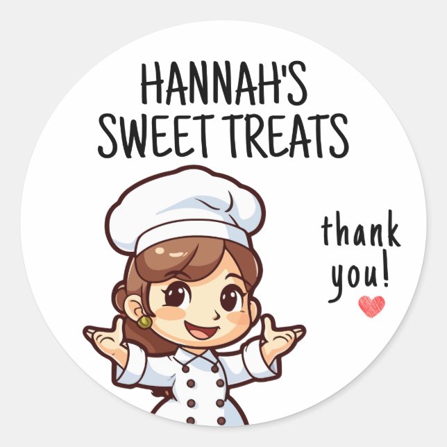 Sticker Rond Cute Kawaii Girl Baker Longs cheveux Brown | MERCI (Devant)